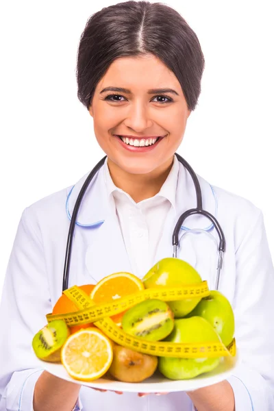 Portrait Young Beautiful Woman Doctor White Coat Fruit White Background — Stock Photo, Image