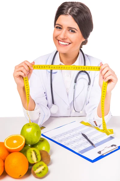 Portrait Young Beautiful Woman Doctor White Coat Fruit White Background — Stock Photo, Image