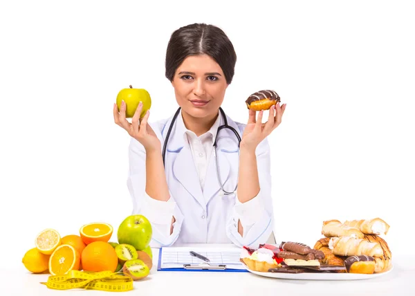 Portrait Young Beautiful Woman Doctor White Coat Fruit One Side — Stock Photo, Image