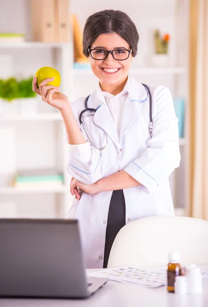 Portrait Young Beautiful Woman Doctor White Coat Holding Apple His — Stock Photo, Image