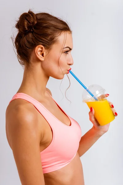 Portrait Beautiful Young Girl Drinking Juice Isolated Gray Background — Stock Photo, Image