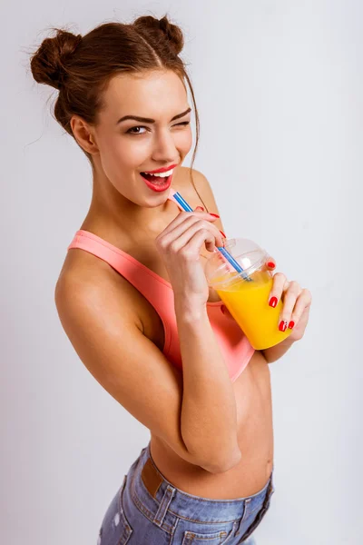 Portrait Beautiful Young Girl Drinking Juice Isolated Gray Background — Stock Photo, Image