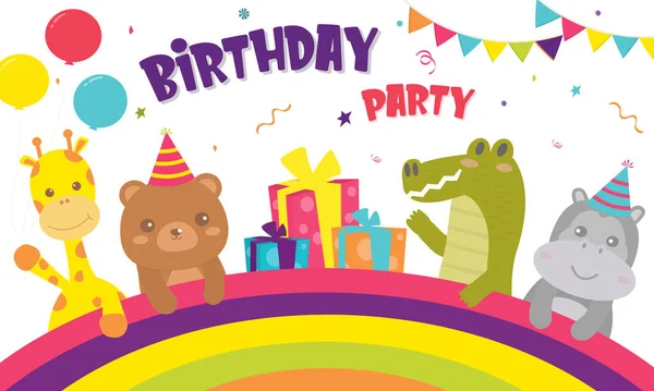 Feliz Cumpleaños Animal Con Pastel Decoración Caja Regalo Para Tarjeta — Vector de stock