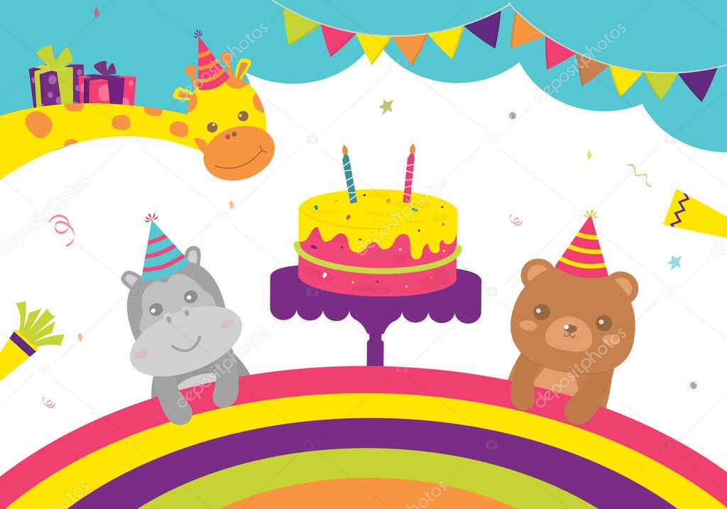  Vector illustration of Happy Birthday animal cake with candle and giftbox decoration for greetings card. Set birthday Party Bear, giraffe, hippopotamus cards design invitation. Card for kids Colorful