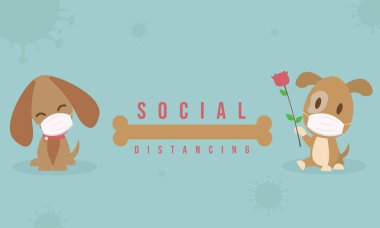 Köpekler kovid19 virüsü ve sosyal mesafeyi korumak için maske takarlar. Köpekler maske takar arka plan konsepti yeni normal ve sevgililer günü teması. Vektör çizimi. Şirin hayvan maske takıyor..