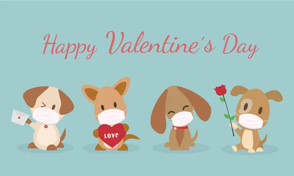 Feliz Día San Valentín Perros Lindos Usan Máscara Virus Protección — Archivo Imágenes Vectoriales