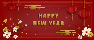 Geleneksel Asya dekorasyonlu geleneksel kırmızı tebrik kartı çizimleri fenerler ve kırmızı katmanlı kağıtlara çiçekler asılıyor. Tatil afişi kağıt kesme biçimi için arkaplan.