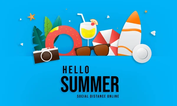 夏季销售向量集设计与文字你好夏季蓝色背景的营销推广 用褐色太阳镜 照相机 冲浪板 帽子和雨伞装饰 — 图库矢量图片