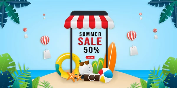 Banner Shopping Online Mit Dem Handy Mobile Application Marketing Digitales — Stockvektor