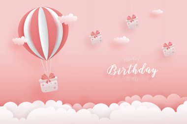 Süslü doğum günü kartı teslimatı. İçinde sıcak hava balonu olan. Kağıt stili güzel bir hediye kutusu. Duvarda asılı bir hediye kutusu. Bulutlarla süslenmiş. Bulutlarla. Güzel pembe arka plan. Dantelli vektör illüstrasyonu.