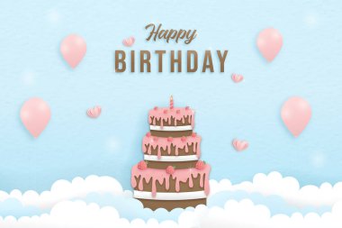 Happy birthday paper cut style greeting card with cake birthday, a decorated balloon with clouds. Sweet blue background. Vector illustration with lace.