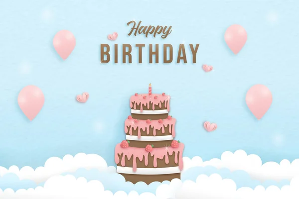 Happy Birthday Paper Cut Style Greeting Card Cake Birthday Decorated — Vetor de Stock