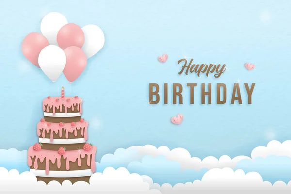 Happy Birthday Paper Cut Style Greeting Card Cake Birthday Decorated — Vetor de Stock