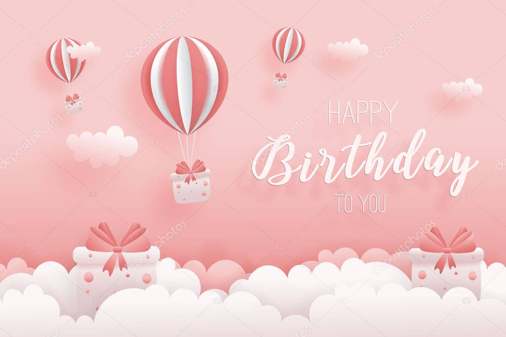 Decorated birthday card delivery with hot air balloon beautiful gift box in paper style with clouds. Sweet pink background. Vector illustration with lace.