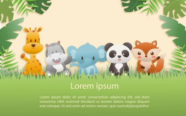 Doğum günü hayvan kartı. Hoş safarili tebrik kartları ya da orman hayvanlarının zürafası, su aygırı, tilki, fil, panda partisi tropikal ormanda. Şablon davetiye kağıt sanat biçimi vektör illüstrasyonu