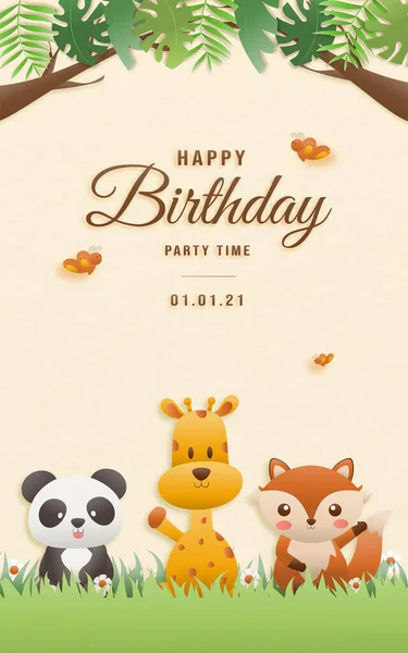 Cartone Animato Felice Compleanno Animali Card Biglietti Auguri Con Simpatici — Vettoriale Stock