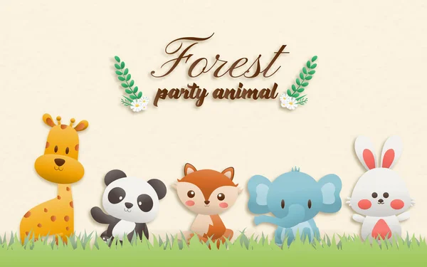 漫画幸せな誕生日動物カード 熱帯雨林でかわいいサファリやジャングルの動物パーティーでグリーティングカード テンプレート招待紙アートスタイルベクトルイラスト — ストックベクタ