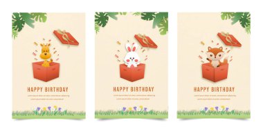 Doğum günü davetiyesini şirin bir hayvanla birlikte hazırla. Orman hayvanları çocukların doğum gününü kutluyor ve kağıt işçiliği stili illüstrasyon davetiyesi hazırlıyorlar..