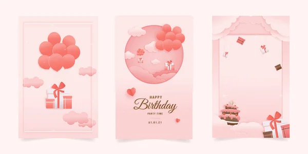 Set Banner Tarjeta Cumpleaños Decorada Hermosa Caja Regalo Tres Globo — Archivo Imágenes Vectoriales