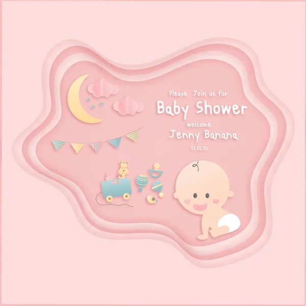 Vector Illustration Grußkarte Für Eine Babydusche Auf Rosa Hintergrund Niedliches — Stockvektor