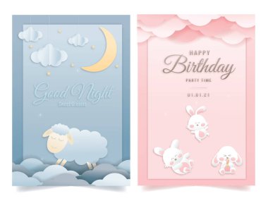 Pembe arka planda bir bebek partisi için vektör illüstrasyon tebrik kartı seti, şirin tasarım Kağıt ustası bebek ve arka planda oyuncaklar, şirin kağıt işçiliği ve kağıt kesim tarzı..