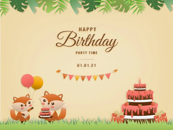 Cute Jungle Animal Lawn Birthday Greeting Card Jungle Animals Celebrate — Vector de stock