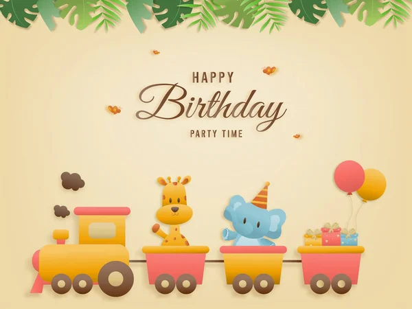 Cute Jungle Animal Train Birthday Greeting Card Jungle Animals Celebrate — Vector de stock