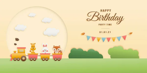 Cute Hippo Cake Elephant Train Birthday Greeting Card Jungle Animals — Vector de stock