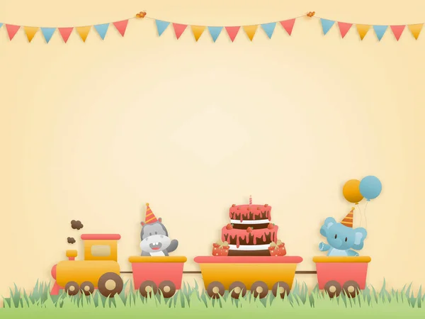 Carino Ippopotamo Torta Elefante Sul Biglietto Auguri Compleanno Del Treno — Vettoriale Stock