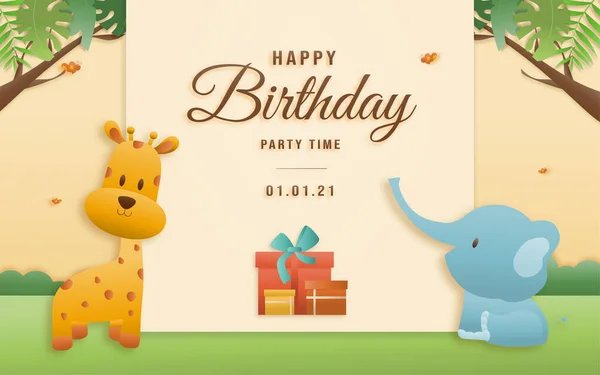 Ωραία Ευχετήρια Κάρτα Γενεθλίων Ζώα Της Ζούγκλας Γιορτάζουν Γενέθλια Των — Διανυσματικό Αρχείο