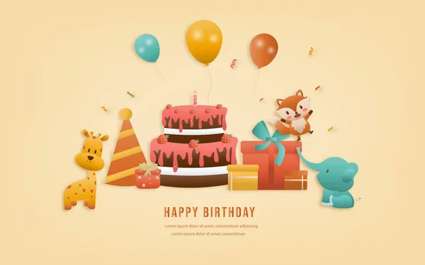 Birthday Greeting Card Cute Jungle Animal Train Sky Background Celebrate — Vector de stock