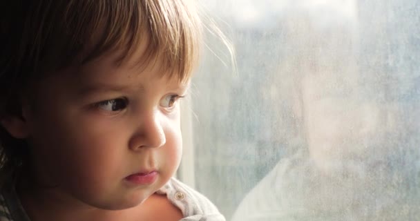 Portrait of a lonely upset toddler looking out the window. Orphan child sitting alone by the window. — Stock Video