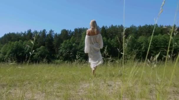 Menina loira em branco vestido fluindo caminha descalça na grama com senso de unidade com a natureza — Vídeo de Stock