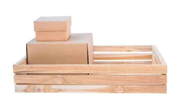 Holzkiste Mit Verschiedenen Arten Von Kartons Isoliert Auf Weißem Hintergrund — Stockfoto