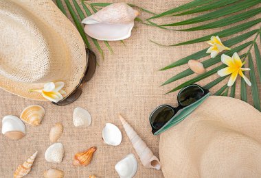 Yaz ve seyahat konsepti. Şapkalar, gözlükler, kahverengi yüzeyde deniz kabukları