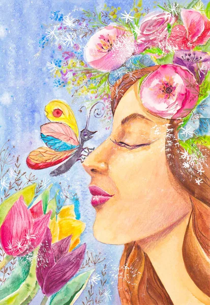 Girl with a butterfly on her nose sniffs flowers