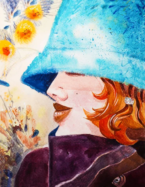 Dívka Modrém Klobouku Květy Akvarel — Stock fotografie