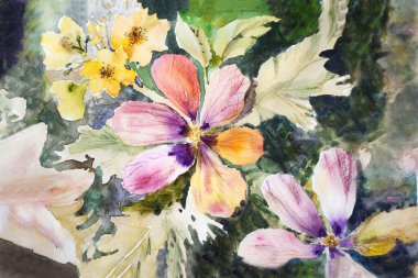 Sulu boyayla boyanmış koyu arkaplanda çiçekler