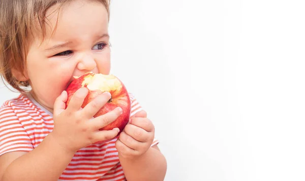 Gyerek Fehér Alapon Leharap Egy Vörös Almát — Stock Fotó