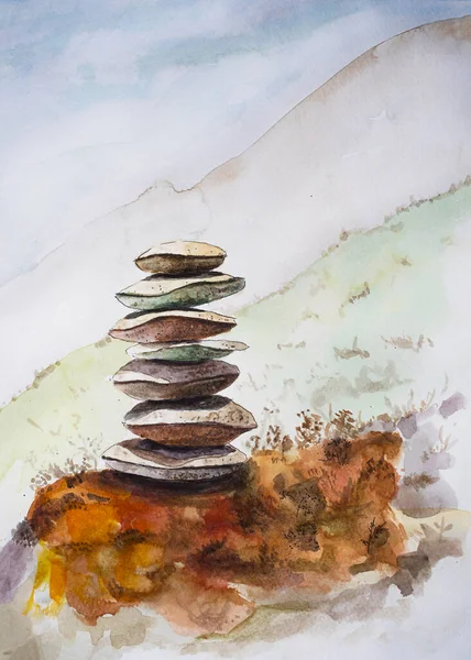 Vyvážení Stohu Kamenů Přírodním Pozadí Malované Akvarelem — Stock fotografie