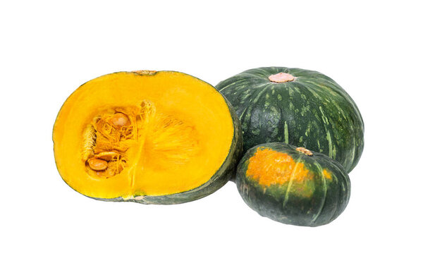 Three green fresh pumpkins isolated on white background