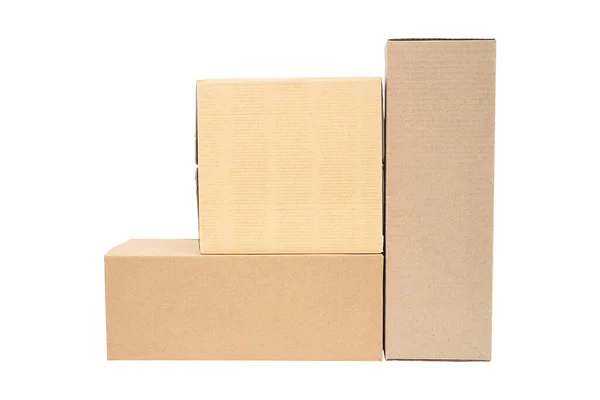 Três Caixas Papelão Isoladas Sobre Fundo Branco — Fotografia de Stock