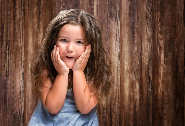 Ahşap Arka Planda Şaşırmış Mutlu Kız Çocuğunun Portresi — Stok fotoğraf