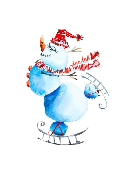 Ілюстрація Щасливого Сніговика Катається Ковзанах Ізольовано Білому Тлі — стокове фото