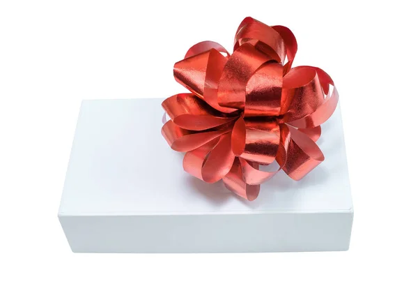 Weiße Geschenkschachtel Mit Roter Schleife Isoliert Auf Weißem Hintergrund — Stockfoto
