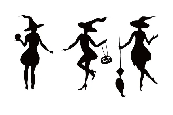 Schwarze Silhouette Hexe Halloween Set Isoliert Auf Weißem Hintergrund — Stockfoto