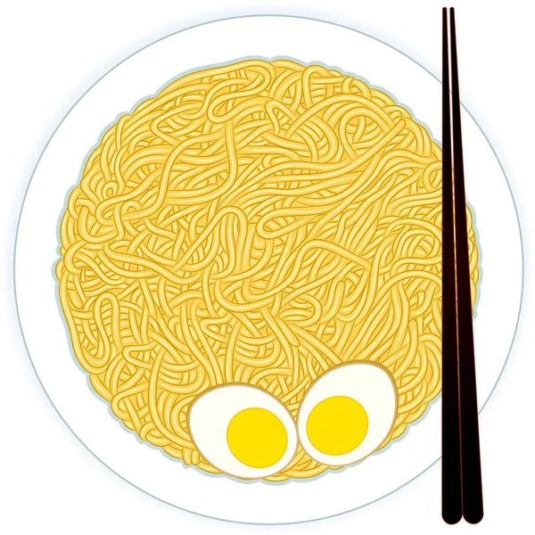 ゆで卵と箸でプレート上の中華麺 白を基調としたスパゲティ パスタ ラーメン ベクターイラスト — ストックベクタ