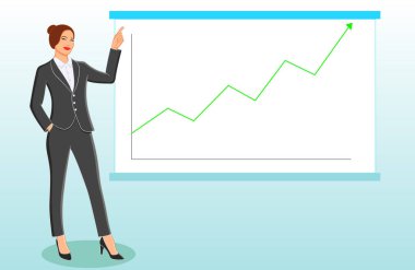 Business Woman sunum ekranına işaret ediyor. İş semineri, finans, pazarlama verilerinin gözden geçirilmesi, grafikler, profesyonel eğitim, satış ve e-ticaret. Uzun boylu, kadın bir iş adamı. Düz Vektör illüstrasyonu
