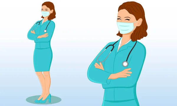 Personagem Médico Confiante Enfermeira Vestindo Uma Máscara Cirúrgica Estetoscópio Para — Vetor de Stock