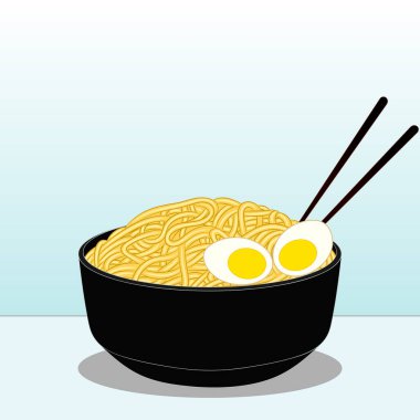 Lezzetli bir kase Asya eriştesi ve çubuklu yumurta. Vektör illüstrasyonu